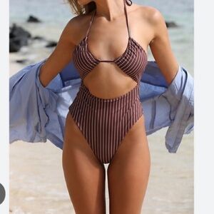 Free People x Zulu & Zephyr Stripe Halter One Piece Swimsuit Stripe Plum Size 10